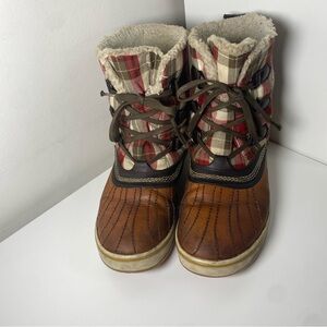 Sorel | Genuine Leather Red Plaid and Brown Size 9 Waterproof Boots